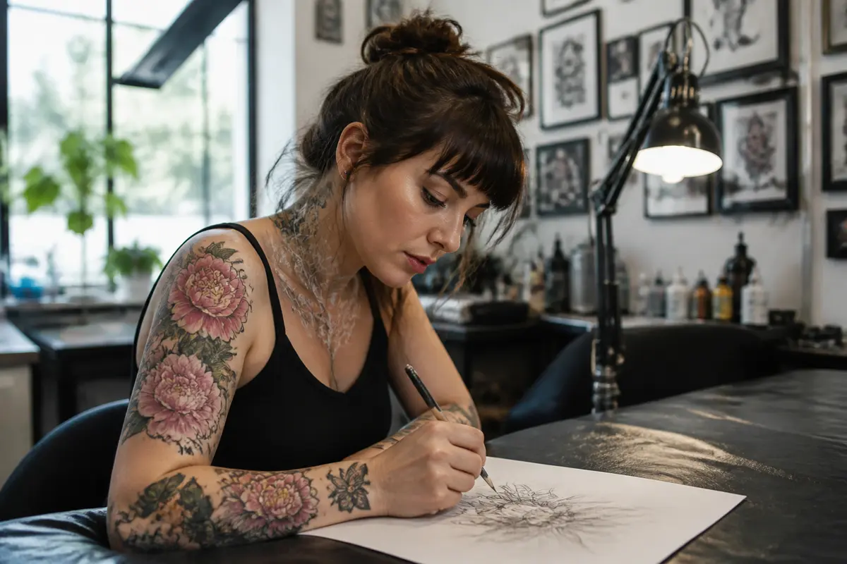 Femme tatouée dessinant des fleurs, explorant la signification des fleurs en tatouage floral